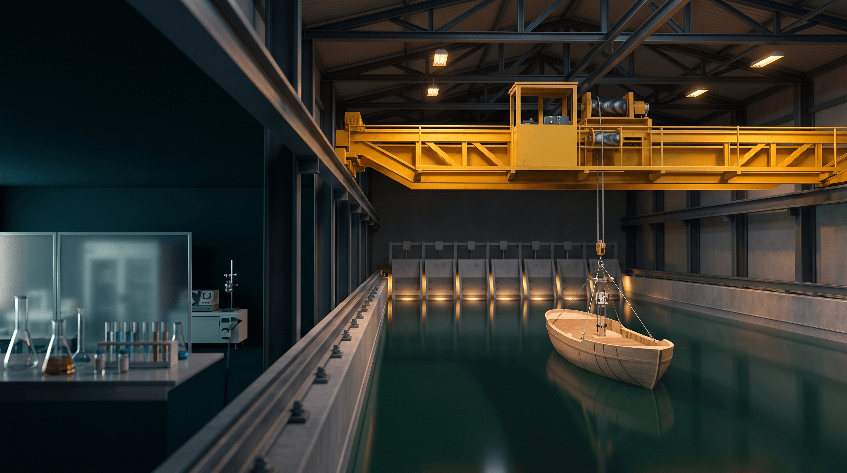 the model basin hall at dusk, carriage over the tank