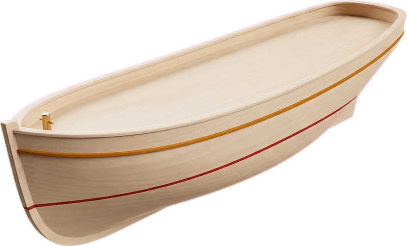 a pale scale model hull with amber and red waterlines